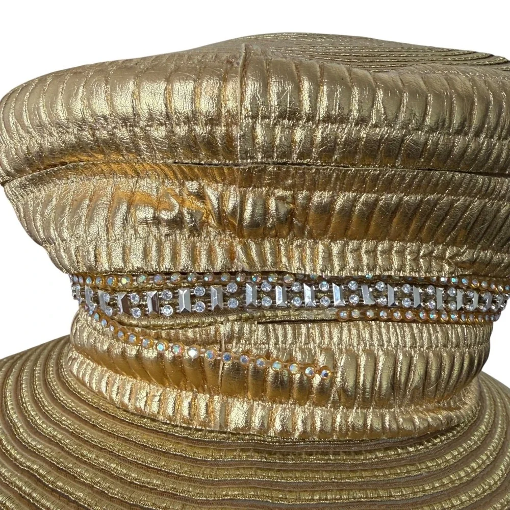 Shellie McDowell NY Gold Metallic Wide Brim Hat Lawrence Vrba Crystal Brooch